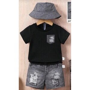 SHEIN Kids 3pc Set Black Textured Tee Distressed Shorts and Bucket Hat Outfit
